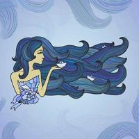 handgezeichnete Frau mit langen blauen Haaren wie Meereswellen vektor