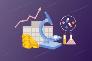 pharmakologisches und gesundheitsförderndes geschäftskonzept für die entwicklung von medikamenten. Pharmaindustrie mit medizinischen Geräten und Therapiepillen zur Erforschung von Krankheit und Krankheit. flacher Vektor für Web, Banner, Infografiken.