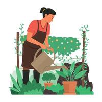 Frau Bewässerung von Pflanzen im Garten. vektor
