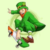 rolig st patrick's day leprechaun karaktär på skateboard med irländska flaggan gör stunts vektor