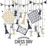 der internationale schachtag wird jährlich am 20. juli gefeiert, schachfigurenbrett und uhr. Postkarte. vektor