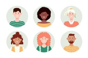 uppsättning av cirkel ansikte avatar. samling av multiracial manliga och kvinnliga porträtt för profil ikoner. platt vektorillustration. vektor