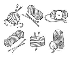 Reihe von Symbolen zum Thema Stricken, handgezeichnete Stränge, Fadenknäuel und Stricknadeln. schwarzer Umriss auf weißem Hintergrund vektor