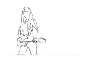 durchgehende Linienzeichnung einer Frau, die Gitarre spielt. einzelne einzeilige kunst der musiker-gitarristen-vektorillustration vektor