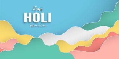 Glad Holi, Färgfestivalen. Mallelementdesign för mall, banner, affisch, hälsningskort. Vektor illustration i pappersskärning, hantverk, origami typ med platt lay stil.