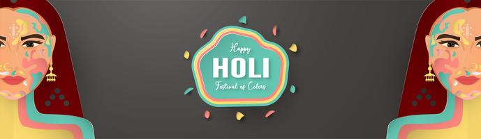 Happy Holi, Fest der Farben. Schablonenelementdesign für Schablone, Fahne, Plakat, Grußkarte. Vector Illustration im Papierschnitt, Handwerk, Origamiart mit flacher Lageart.