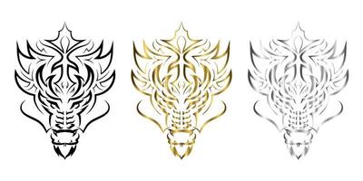 tre färg svart guld och silver linje konst av drakhuvud. bra användning för symbol, maskot, ikon, avatar, tatuering, t-shirtdesign, logotyp eller någon design. vektor