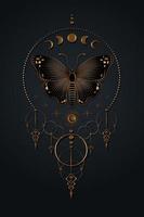 Mondphasen eine Schmetterlings-Logo-Vorlage, heilige Geometrie, Boho-Stil, goldene Wicca-Ikone, Traumfänger-Symbol, goldene magische Hipster-Tätowierung, mystische Symbologie, Vektor isoliert auf schwarzem Hintergrund