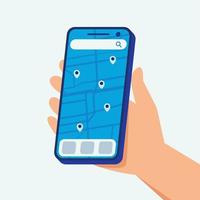 hand, die telefon unter verwendung des flachen vektors des karten-app-illustrationskonzeptes hält. für viele Zwecke geeignet. vektor