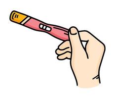 Hand, die einen positiven Schwangerschaftstest mit zwei Streifen gelb-rosa Vektor isoliertes Symbol im Cartoon-Stil hält