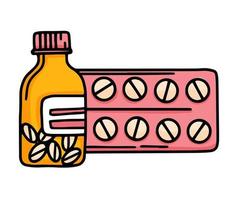 tabletter i en burk och i en blistervektor isolerad ikon i tecknad stil i rosa och gula färger vektor