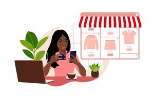 en afrikansk kvinna handlar online med en bärbar dator. betala för köp med kreditkort över internet. begreppet onlinebetalningar och elektroniska köp, shopping. vektor illustration. platt.