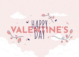 happy valentine's day text banner mit wolken und blumen. romantisches und liebesplakat, grußkarte und postkarte. Pink und Weiß. Vektorillustration im flachen Design vektor