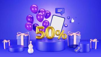 promotion försäljning på blå podium med ballong, smartphone mockup, snögubbe, presentförpackning och ikoner. 3D-illustration för shopping online design. vektor