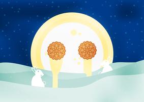 Midhöstfestivalen för kineser i platt design. Vektor illustration på blå bakgrund med måne, kanin, mooncakes.