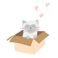 söt kattunge i låda alla hjärtans dag överraskning flygande hjärtan vektor