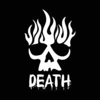 dödskalle eld med dödsbokstäver för t-shirt design svart och vit illustration premium vektor