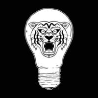 Tiger in einer Glühbirne schwarz-weiß handgezeichnet vektor