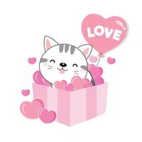 söt katt som håller rosa ballong och sitter i presentförpackningen. vektor