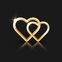 två dekorativa gyllene hjärtan med reflektion på en svart bakgrund. vektor illustration