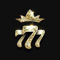 drei goldene glitzernde Siebener und große Krone auf schwarzem Hintergrund. Luxus-Casino-Banner Big Win Slots 777. Vektor-Illustration