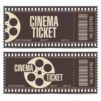 Kinokarte mit Barcode in Form eines Filmstreifens. bearbeitbare Eintrittscoupon-Vorlage für Filmsessions mit Filmrolle in braunen und beigen Farben. vektorillustration im flachen stil.