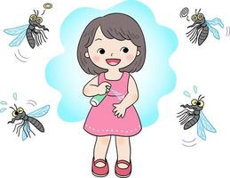 In der Nähe von Mädchen sprühte Anti-Moskito-Flüssigkeit, Mücken wagen es nicht, sich darauf zu verlassen vektor