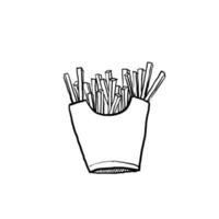 handgezeichnete französische kartoffelpackung. cartoon fast food braten kartoffel isoliert illustration.doodle vektor