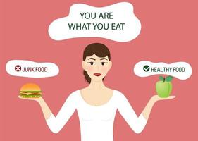 matkoncept du är vad du äter.välj mellan hälsosam och skräpmat.vacker kvinna väljer mellan ett äpple och en hamburgare. vektor, tecknad stil vektor