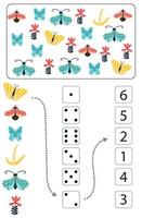Mathe-Lernspiel für Kinder. Mathe-Arbeitsblatt für Kinder mit bunten Insekten, Schmetterlingen, Käfern, Blumen. Vektor, Cartoon-Stil. vektor