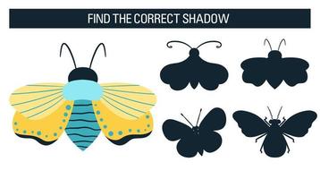 Insekten, Schmetterlinge, Motten. Finde den richtigen Schatten, ein Lernspiel für Kinder. Vektor-Illustration Cartoon-Stil vektor