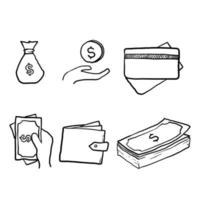 hand gezeichnetes geld, finanzen, bankumrissgekritzel-ikonensammlung. Geldlinie Symbole setzen Vektorillustration. geldbeutel, münzen, kreditkarte, brieftasche und mehr. isolierter hintergrund vektor