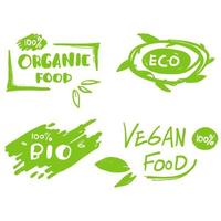 sammlung von vegan, öko, bio, organisch, frisch, gesund, 100 prozent, natürliche lebensmittel. natürliches Produkt. Doodle-Emblem-Café, Abzeichen, Tags, Verpackung. Vektor-Illustration. vektor