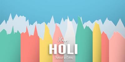 Glad Holi, Färgfestivalen. Mallelementdesign för mall, banner, affisch, hälsningskort. Vektor illustration i pappersskärning, hantverk, origami typ med platt lay stil.