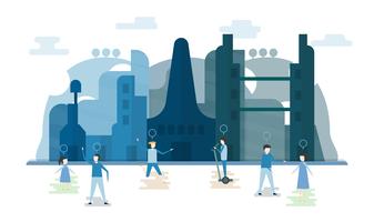 Framtida människor i stadsbyggnader med blå himmel och moln. Vektor illustration med platt stad i pappersformat stil. Trend av landmärke för centrum av världen och stort land.