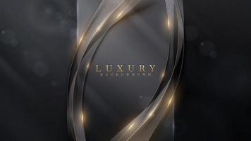 schwarzer luxushintergrund und quadratisches rahmenelement mit goldener kurvenliniendekoration und glitzerndem lichteffekt mit bokeh.