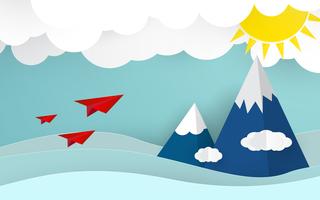 Origami flygplan på blå himmel med moln och sol. Sommar och Natur koncept. Affärs- och framgångskoncept. Papperskonst och Digital craft stil Tema vektor