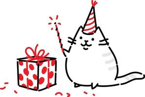 tecknad rolig katt med en gåva. platt vektor illustration. karaktären är isolerad på en vit bakgrund. en katt är en karaktär för ett spel eller en tecknad film. rolig kattunge för gratulationskort.