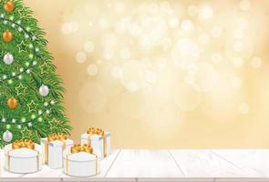 frohe weihnachten mit weihnachtsbaum und weihnachtsgeschenkbox mit bokeh hintergrund