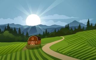 landsbygd gård landskap illustration med soluppgång vektor