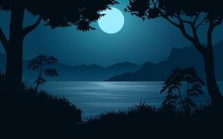 Nachtzeit am See mit Mondscheinlandschaft im flachen Stil