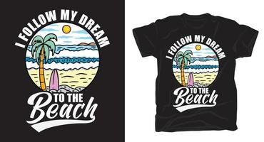 strandpalmen surfbrett und wellenillustration mit typografie-t-shirt design vektor