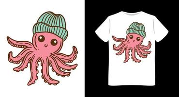 hand gezeichneter oktopus mit mützenhut-t-shirt-design vektor