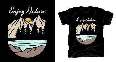 hand gezeichnete natur mit gebirgsfluss und typografie-t-shirt-design vektor