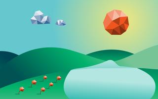 Frühlingssaison Low Poly Hintergrund. Gebirgsfluss und Wolke und Blumen in der Komponente. Natur- und Landschaftskonzept. Abstraktes und Hintergrundkonzept. Thema Umwelt und tropisches Klima vektor