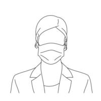 Illustrationslinienzeichnung einer jungen Frau, die medizinische Gesichtsmasken trägt, um sich vor Krankheiten, Luftverschmutzung, Coronavirus, Sars, Keimen, Grippe oder Mers-Cov zu schützen. Mädchen mit Gesichtsmasken, das in die Kamera schaut vektor