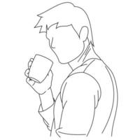 en stilig ung man som håller mugg och njuter av doften av en ny kopp kaffe eller te. en man som smuttar på och dricker sitt morgonkaffe. glad man ler med doftande gott kaffe under frukosten vektor