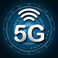 5G mobil mobilkommunikation blå logotyp bakgrund med global nätverkslinje länk överföring. Digital transformation och teknik koncept. Massiv framtida anslutning med höghastighetsinternet vektor