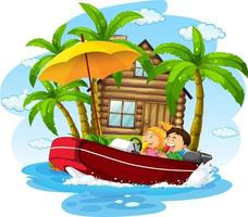 barn på båt med en bungalow på ön vektor