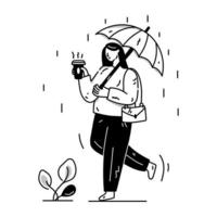 mädchen, das regenschirm hält, handgezeichnete illustration des genießens des regens vektor